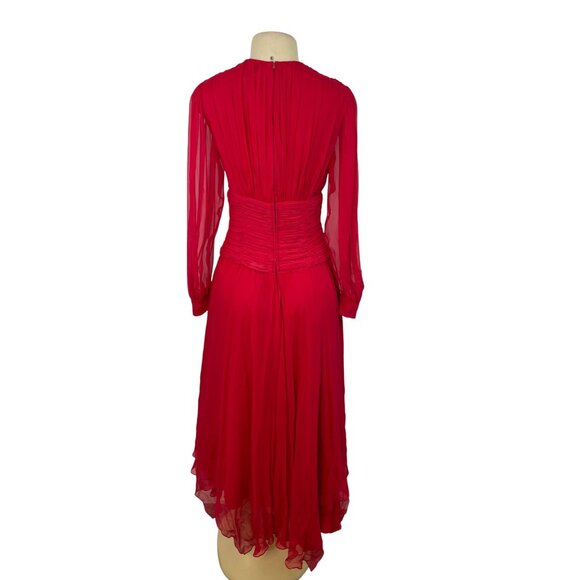 Vintage Red Long-Sleeve Chiffon Dress With Pleated Wrap Bodice Sz 10 - Picture 3 of 10